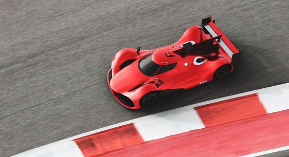 front view of fast moving generic red sportscar on a race track, motion blur,  3D, car of my own design.