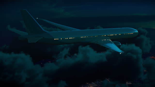 Commercial Jet Plane Flying Above Night City