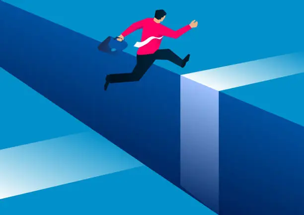 Vector illustration of Businessman overcome obstacles jumping over gap, challenge and self-improvement, business concept illustration