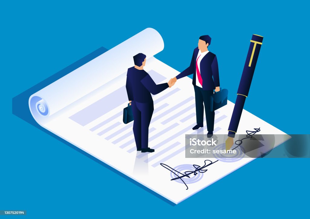 Two businessmen successfully signed a project cooperation agreement contract, business concept illustration Contract stock vector
