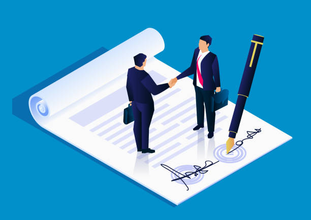 Two businessmen successfully signed a project cooperation agreement contract, business concept illustration Two businessmen successfully signed a project cooperation agreement contract, business concept illustration loan illustrations stock illustrations