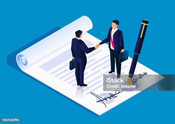 Two Businessmen Successfully Signed A Project Cooperation Agreement Contract Business Concept Illustration Stock Illustration - Download Image Now