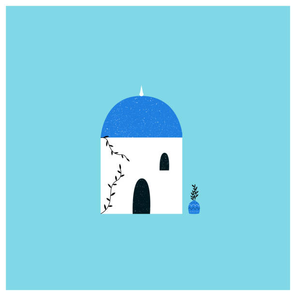 ancient white house with blue roof Santorini greek or ancient white house with blue roof. Vector illustration in flat cartoon style. santorini stock illustrations