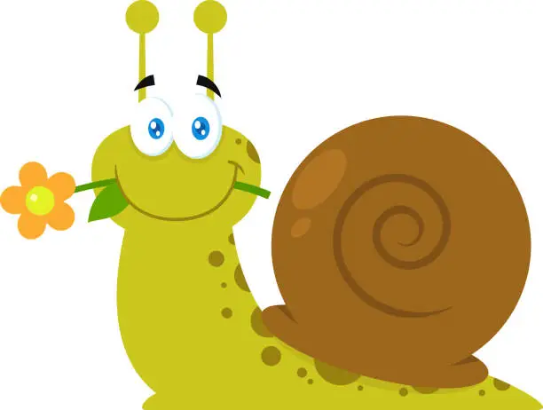 Vector illustration of Cute Snail Cartoon Character With A Flower In Its Mouth