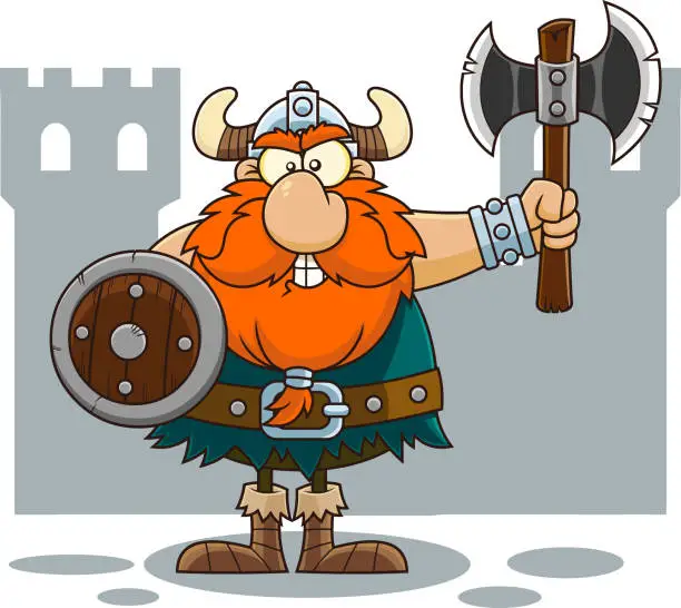 Vector illustration of Angry Viking Cartoon Character With Shield Holding A Axe