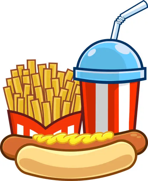 Vector illustration of Cartoon Fast Food Hot Dog With French Fries And Soda