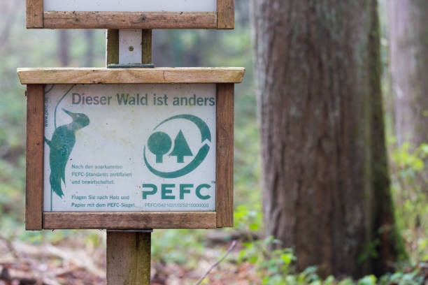 Landsberg, Germany - Nov 25, 2020: PEFC sign in a bavarian forest. Tree in the background. PEFC certified forests are managed in a sustainable way.