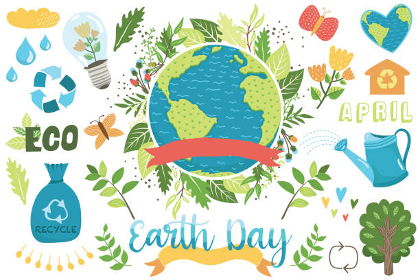 Happy Earth Day Collections Set A vector illustration of Happy Earth Day Collections Set. Perfect for invitation, web design, scrapbooking, papers, card making, stationery, card and many more. earthday stock illustrations
