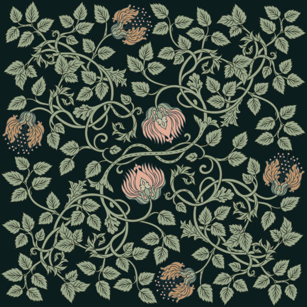 floral vintage nahtlose muster für retro-wallpaper. verzauberte vintage blumen.  kunst- und handwerksbewegung inspiriert. design für packpapier, tapete. - floral pattern retro revival old fashioned flower stock-grafiken, -clipart, -cartoons und -symbole