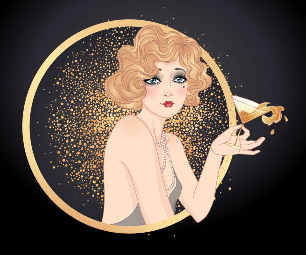 ilustrações de stock, clip art, desenhos animados e ícones de flapper girl holding cocktail glass with  splash. art deco, 1920 s style vintage invitation template design for drink list, bar menu, flyer. vector art. - 20s adult