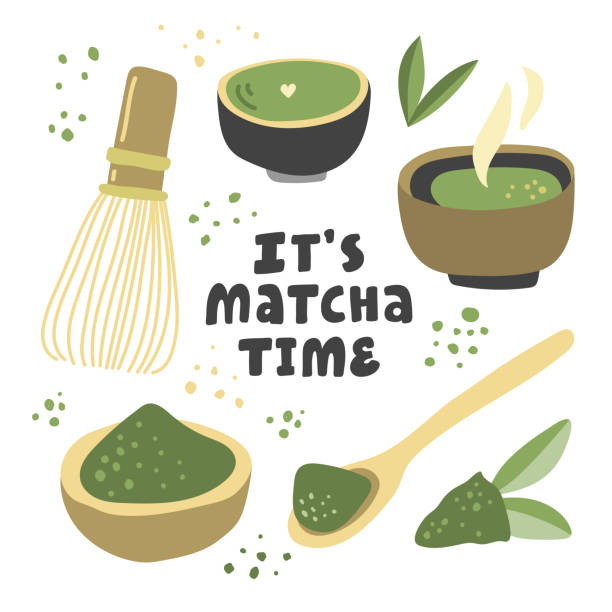 es ist matcha-zeit. vektor handgezeichnete matcha-illustration auf kontrasthintergrund. kuchen, makronen, löffel, bambusbesen, herz, matcha-tee - tea cup tea green tea chinese tea stock-grafiken, -clipart, -cartoons und -symbole