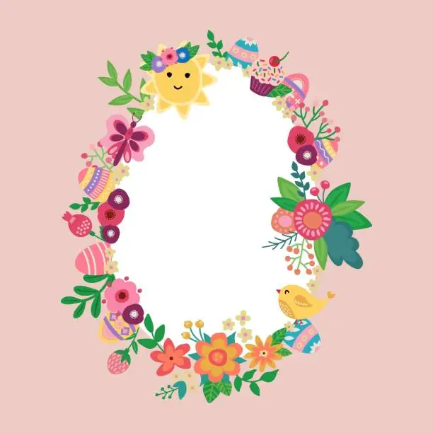 Vector illustration of Easter postcard. Egg-shaped wreath decorated with flowers, leaves, eggs. Hand-drawn illustration.