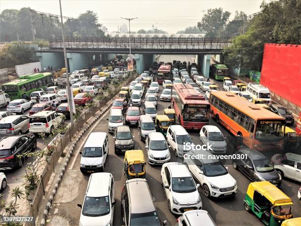 City Traffic In India Stock Photo - Download Image Now - Traffic, India, Pollution