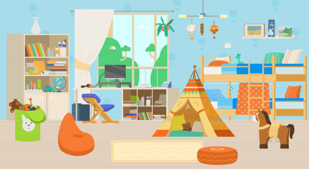 gemütliches kinderzimmer im inneren - tipi bett stock-grafiken, -clipart, -cartoons und -symbole