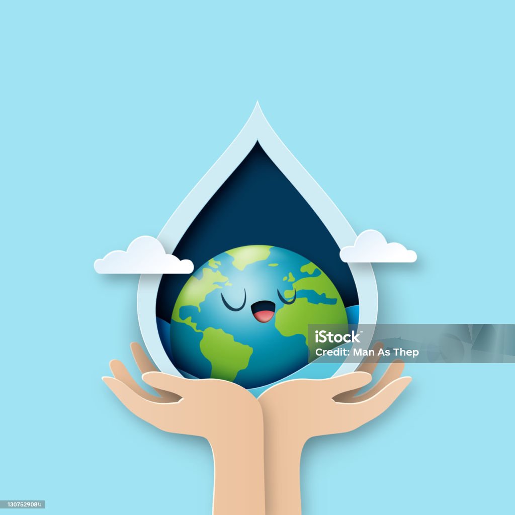 Ilustración de Día Mundial Del Agua Mano Sosteniendo La Tierra En Gota De  Agua Arte De Papel De Ahorrar Agua Para La Ecología Y El Diseño De  Conceptos De Conservación Del Medio