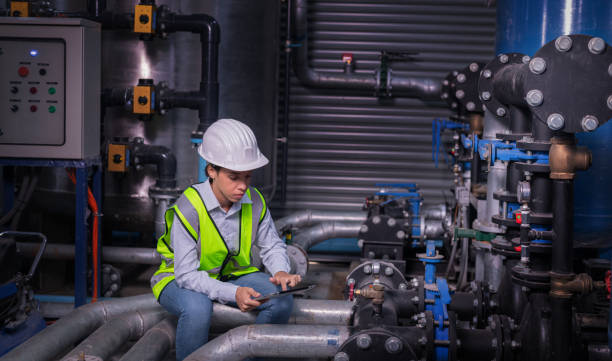 trabajador ingeniero de la industria que lleva uniforme de seguridad bajo la comprobación del aire acondicionado de la torre de refrigeración de la industria es el enfriador de aire de la torre de refrigeración de agua hvac de gran edificio industrial p - torre de refrigeración fotografías e imágenes de stock