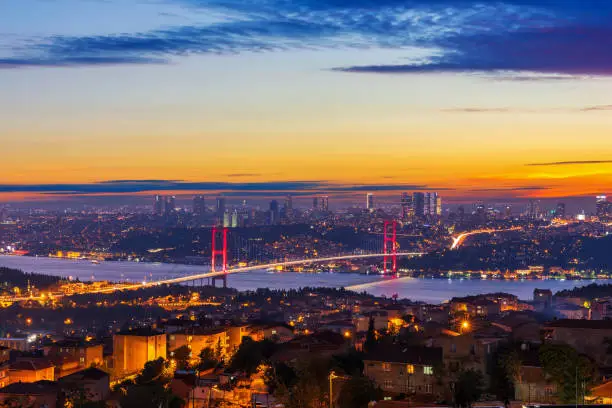 The Bosphorus bridge and the skyline of Istanbul at sunset.