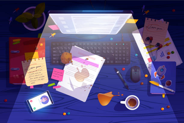 Messy night workplace top view, clutter desk. Messy night workplace top view, clutter office desk, work space with mess, spilled coffee, crumbled muffin and document around glowing pc monitor, mobile and task list, Cartoon vector illustration crumbled piles of paper desk stock illustrations