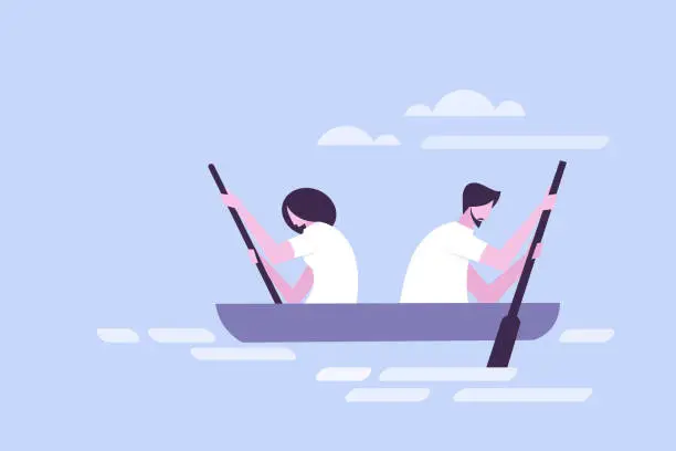 Vector illustration of A couple rowing a canoe in opposite directions. Concept illustration for personal conflicts