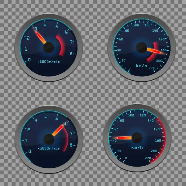 Vector illustration of Set of isolated dashboard speedometers. Motorbike or motorcycle, auto or automobile, lorry speed measure gauge.