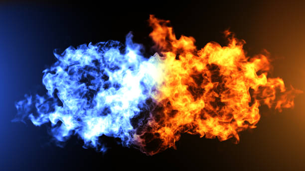 konstrukcja koncepcyjne ognia i lodu z iskrą. ilustracja 3d. - blue flame zdjęcia i obrazy z banku zdjęć