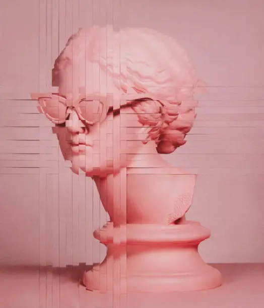 Handmade paper collage with portrait of pink toned plaster head model (mass produced replica of Head of Aphrodite of Knidos) with sunglasses