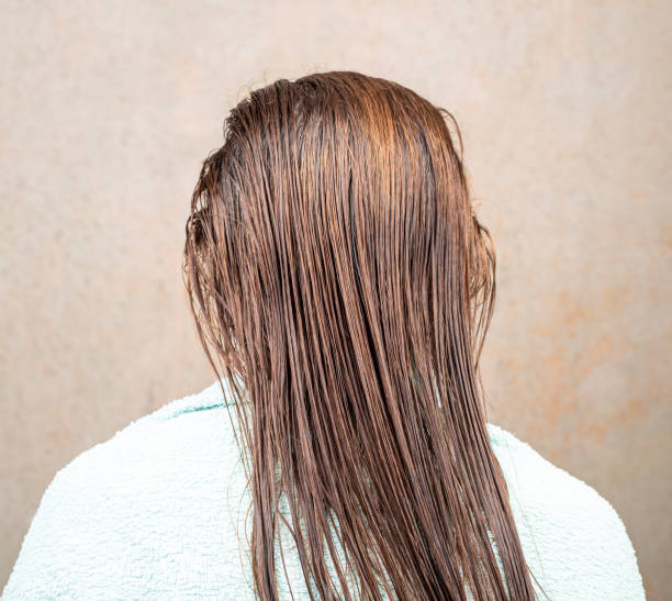 Woman sits with her back to the camera with her wet hair combed. A woman sits with her back to the camera with her wet hair combed. Hair care. wet hair stock pictures, royalty-free photos & images