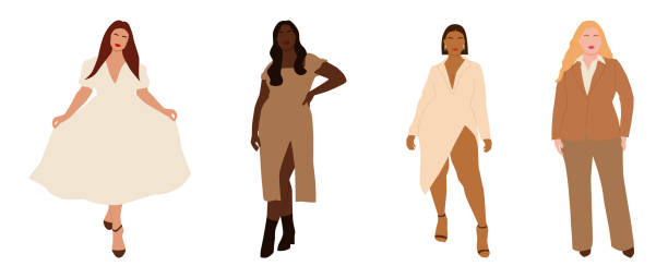 set of abstract portraits of international plus size women in stylish looks. Set of abstract portraits of international plus size women in stylish looks. Curvy faceless females standing and poses. Minimalist vector illustration isolated on a white background. plus size boho clothing stock illustrations