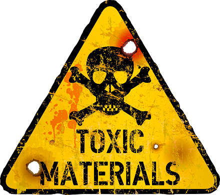 Toxic materials warning sign with skull and bones,grungy and distressed, vector illustration