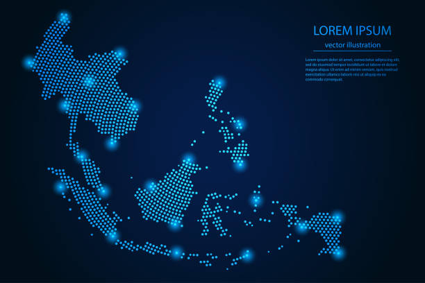 ilustraciones, imágenes clip art, dibujos animados e iconos de stock de imagen abstracta mapa del sudeste asiático desde el punto azul y estrellas brillantes sobre un fondo oscuro - asia sudoriental