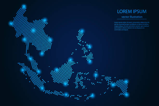 abstrakcyjny obraz mapa azji południowo-wschodniej od punktu niebieskiego i świecące gwiazdy na ciemnym tle - azja południowo stock illustrations