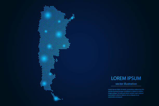 ilustraciones, imágenes clip art, dibujos animados e iconos de stock de imagen abstracta mapa argentina desde el azul punto y estrellas brillantes sobre un fondo oscuro. - mapa argentina