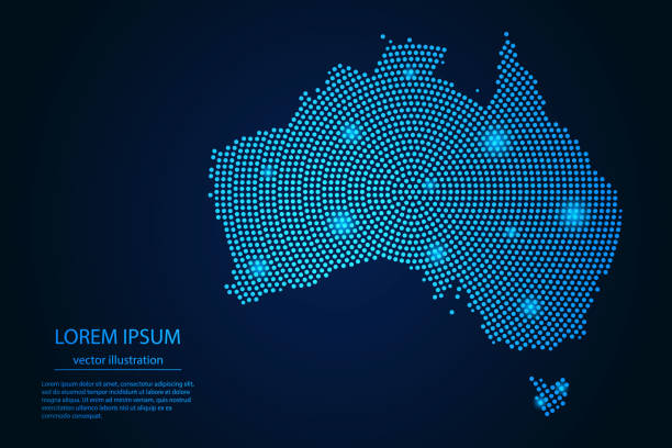 abstrakcyjny obraz mapa australia od punktu niebieskiego i świecące gwiazdy na ciemnym tle. - australia map cartography three dimensional shape stock illustrations