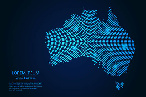 абстрактное изображение австралии карта из точки синий и светящиеся звезды на темном фоне. - australia map stock illustrations