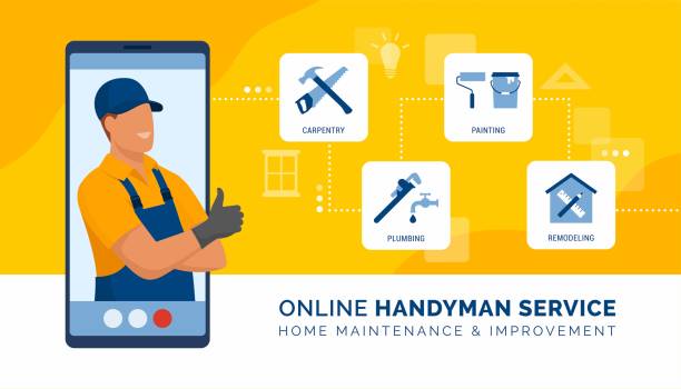 Professional handyman services and online consultation Professional handyman on a video call presenting his services and giving online consultation on carpentry, plumbing, painting and remodeling house painter stock illustrations