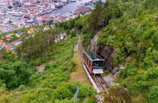 City of Bergen in Norway - aerial panorama view with the world famous cable car Fløibane driving to the summit Famous sightseeing spot in the city of Bergen, Norway, Scandinavia, cable car Fløibane driving goes to the summit with cityscape in background fløyen stock pictures, royalty-free photos & images