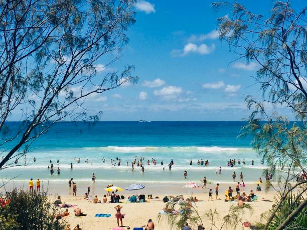 Tropical Summer Beach Holiday Horizontal Seascape of people enjoying the summer sun on busy tourist beach holiday with sand turquoise waves blue sky at famous surf ocean Byron Bay Australia byron bay stock pictures, royalty-free photos & images