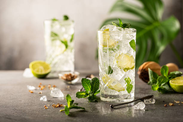 Mojito cocktail with lime and mint Mojito cocktail with lime and mint in highball glass on a grey background. Summer cold beverages concept with copy space Mojito stock pictures, royalty-free photos & images
