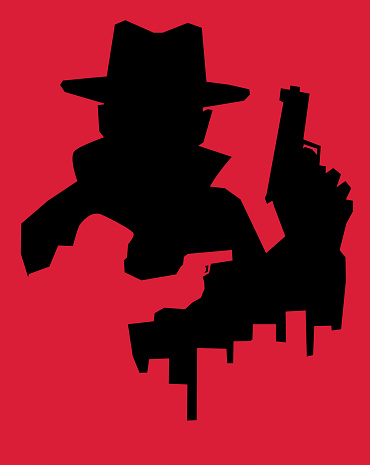 Retro style illustration of silhouettes of two men holding guns. Double exposure technique.