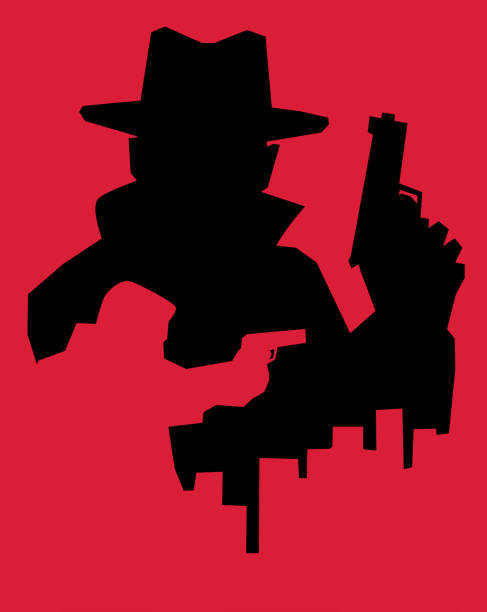 Men holding guns. Retro style illustration of silhouettes of two men holding guns. Double exposure technique. crime illustrations stock illustrations
