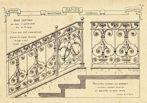 Vintage engraving of Ornate balustrade, Victorian architectural detail, Art print, 19th Century. Materiaux et Documents D'Architecture et de Sculpture, by Raguenet
