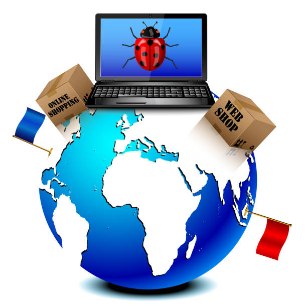 Globe with online shopping cardboard box, laptop and flags Globe with online shopping cardboard box, laptop and flags on white seven spot ladybird stock illustrations