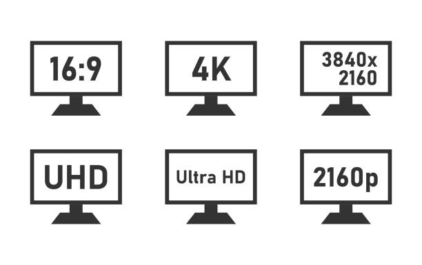 4k Ultra Hd icons set, UHD display specifications 4k UHD display features icons, 4k Ultra Hd specifications specifications icon stock illustrations