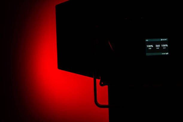 istock One LED stage lights with protective shutters on red background, copy space 1307549620