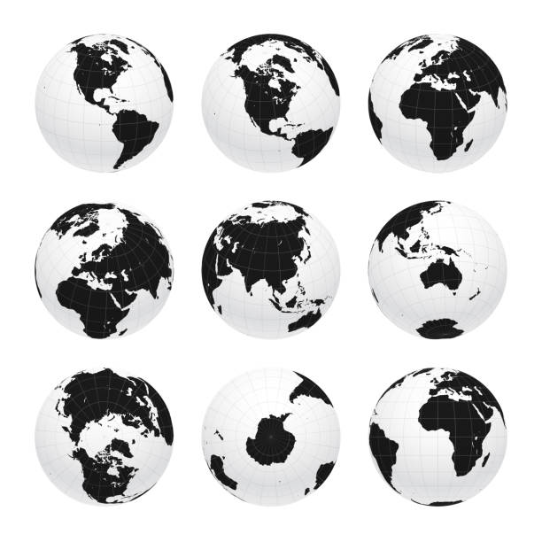 Earth globe set from variant views with meridians and parallels. 3D vector illustration Earth nine views: Directly above, directly bellow, front view on the prime meridian, and different angles focusing on the Americas, Africa, Asia, Europe, Oceania, North and South poles, Antarctica. Carefully layered and grouped for easy editing. You can edit or remove separately the grid, the sea the lands, the light and shadows. 3d uk map stock illustrations