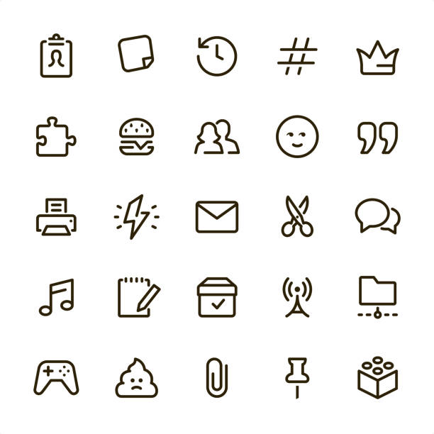 Office & Social Networking - Pixel Perfect line icons Office & Social Networking icons set #08
Specification: 25 icons, 36x36 pх, Perfect fit to 48x48 or 64x64 container, stroke weight 2 px.
Features: Pixel Perfect, Unicolor, Single line.
First row of  icons contains:
ID Card, Adhesive Note, Backup icon, Hashtag, Crown;
Second row contains: 
Puzzle, Hamburger, Friendship, Emoticon, Quotes;
Third row contains: 
Printer, Ideas, E-Mail, Scissors, Discussion; 
Fourth row contains: 
Music, Note Pad, Antenna, File sharing, Cardboard; 
Fifth row contains: 
Video Game, Feces, Clip, Thumbtack, Plastic Block.
Look at complete Lovico collection — https://www.istockphoto.com/collaboration/boards/lMC2_wNPxEicskAakpAbgA smirk emoji stock illustrations