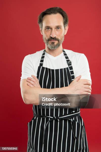 Handsome And Confident Mature Person In Cooking Apron Bearded Mature 