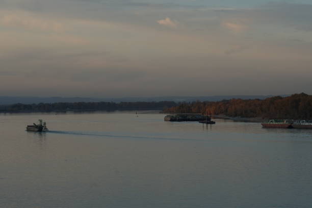 istock View on tug boats, barges and pushers from container terminal on the Columbia river surrounded by trees and bushes during sunset  under purple sky. 1307554714