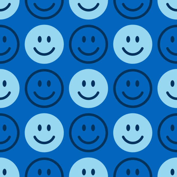 ilustraciones, imágenes clip art, dibujos animados e iconos de stock de patrón de icono de sonrisa. caras felices sobre un fondo azul. antecedentes abstractos vectoriales - cara sonriente antropomórfica
