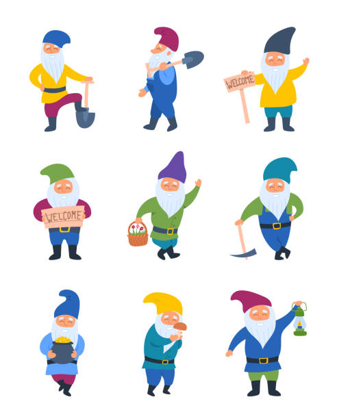 cartoon farbe verschiedene charaktere gnome set. vektor - garden statue stock-grafiken, -clipart, -cartoons und -symbole